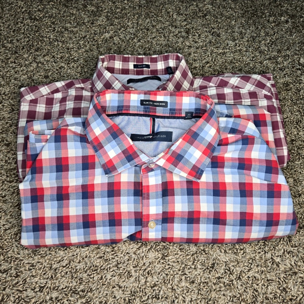 TOMMY HILFIGER Mens Shirt Size 17  1/2 Large Slim Fit Plaid Double Pack